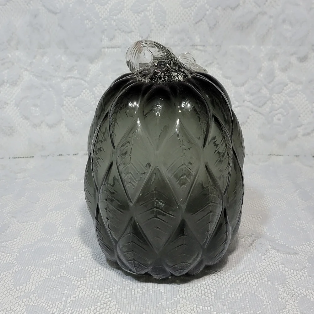 Black Gray Quilted Glass Pumpkin 8.5